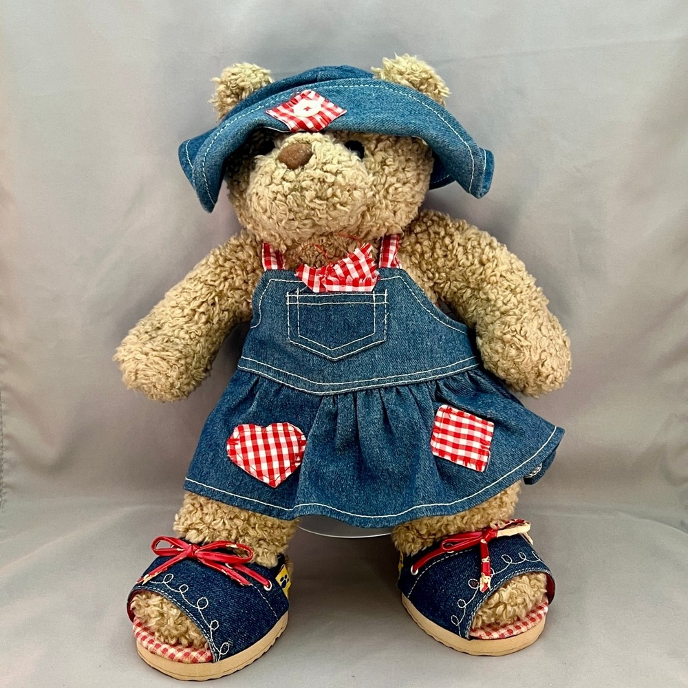 1997 Vintage Retired 13" Build-A-Bear Curly Brown Teddy Bear Denim Outfit Hat